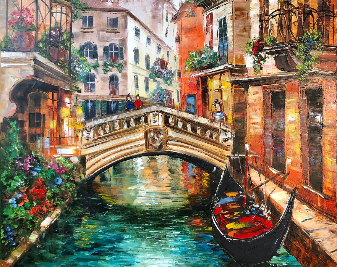 Venice Gondola Travel Poster, Italian Oil Painting