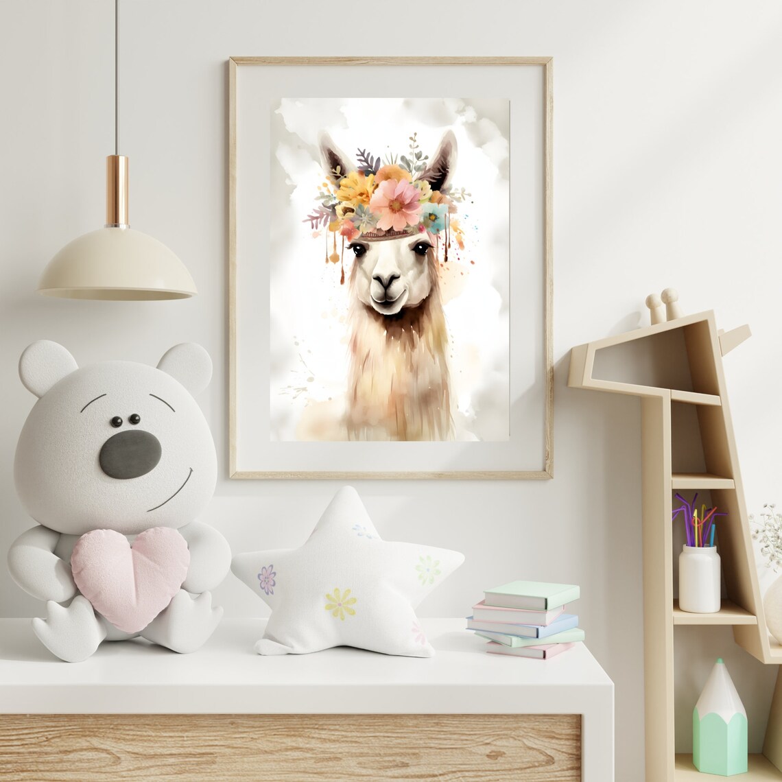 Smiling Llama Flower Crown Watercolor Cute Nursery Animal Art Poster - Image 3