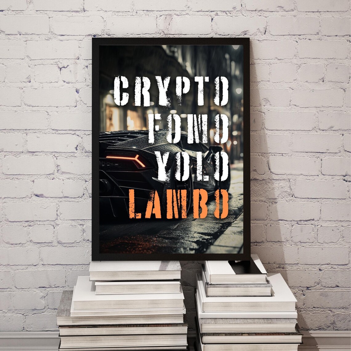 Crypto FOMO YOLO Lambo Black Sports Car Night Rain Quote Poster - Image 3