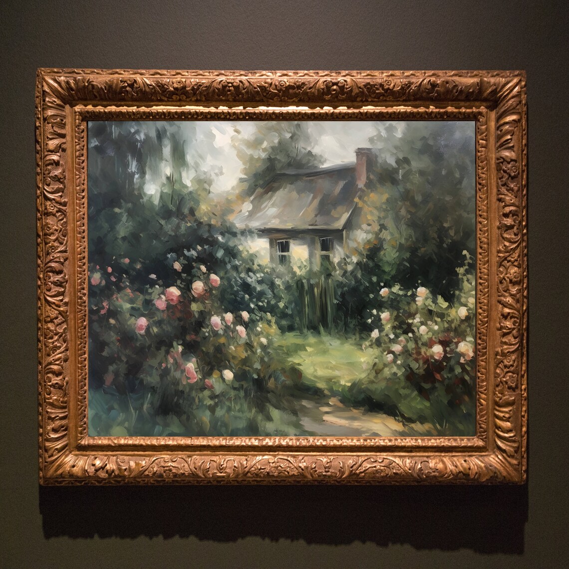Rose Garden Cottage Vintage Oil Painting Farmhouse Landscape Poster - Image 2