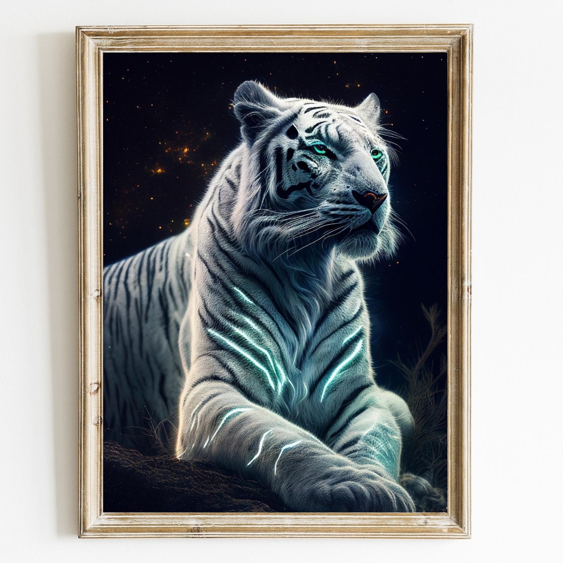 Majestic White Tiger with Glowing Teal Stripes Night Wildlife Poster