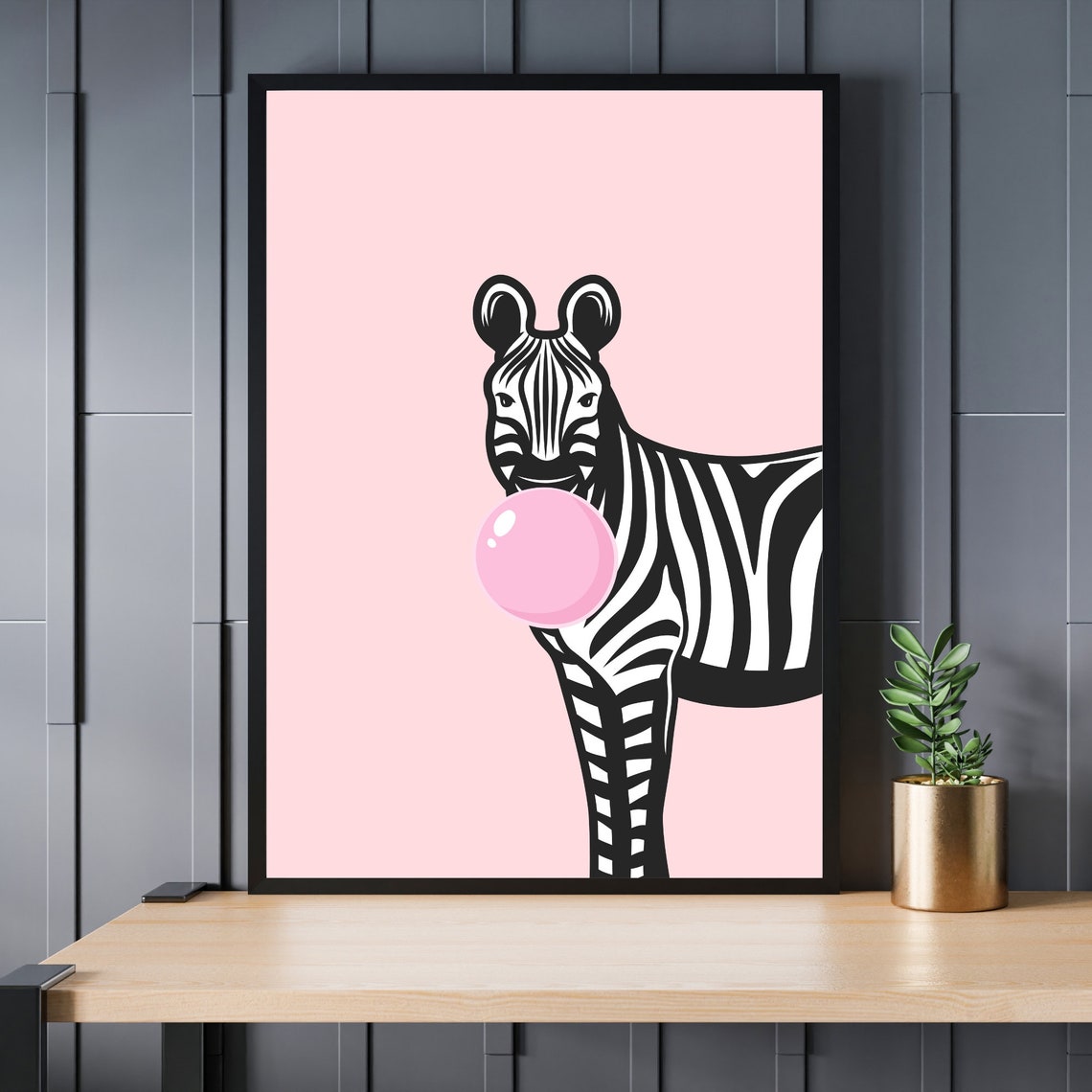 Zebra Blowing Pink Bubble Gum Trendy Nursery Animal Decor Poster - Image 2