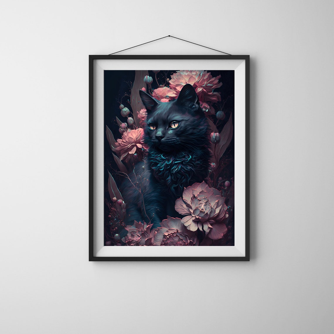 Black Cat Moody Floral Portrait Vintage Style Cat Artwork Poster - Image 2
