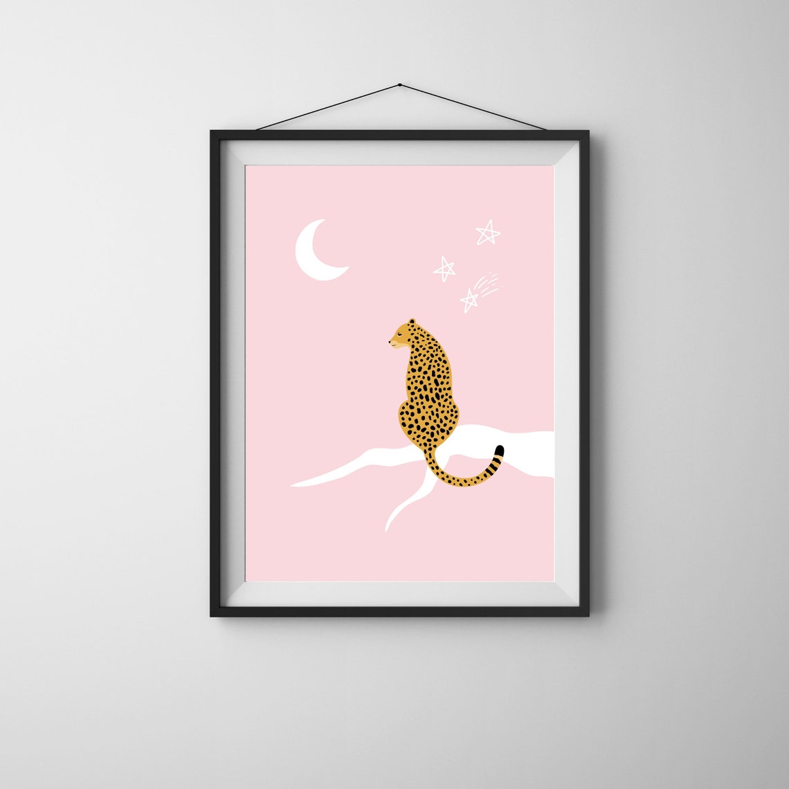Cheetah Sitting Under Crescent Moon and Stars Pink Nursery Poster - Image 2