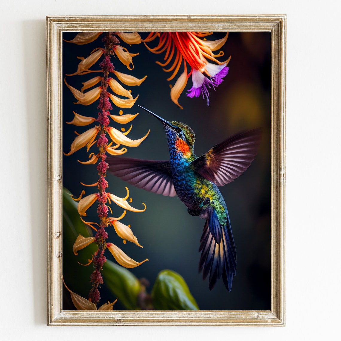Hummingbird Hovering Among Tropical Flowers Photorealistic Poster