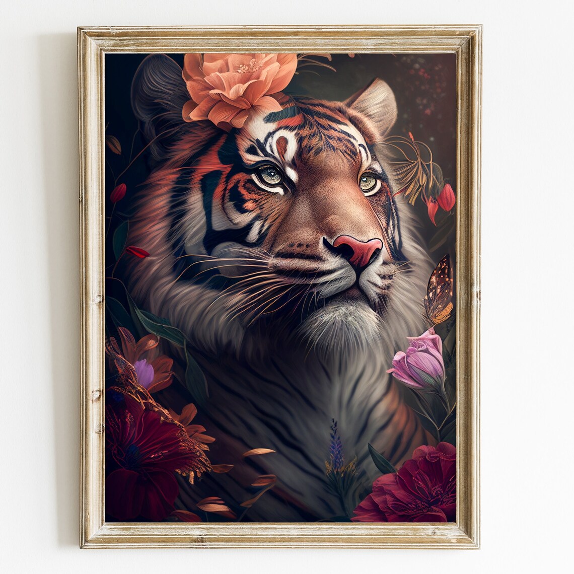Tiger Among Dark Flowers Vintage Boho Floral Big Cat Portrait Poster
