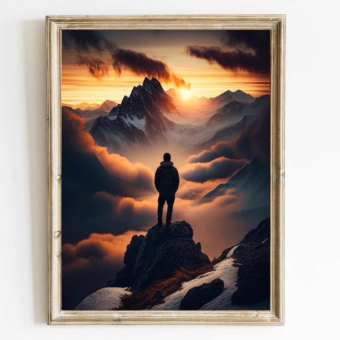 Lone Hiker Silhouette on Snowy Mountain Peak at Sunset Poster