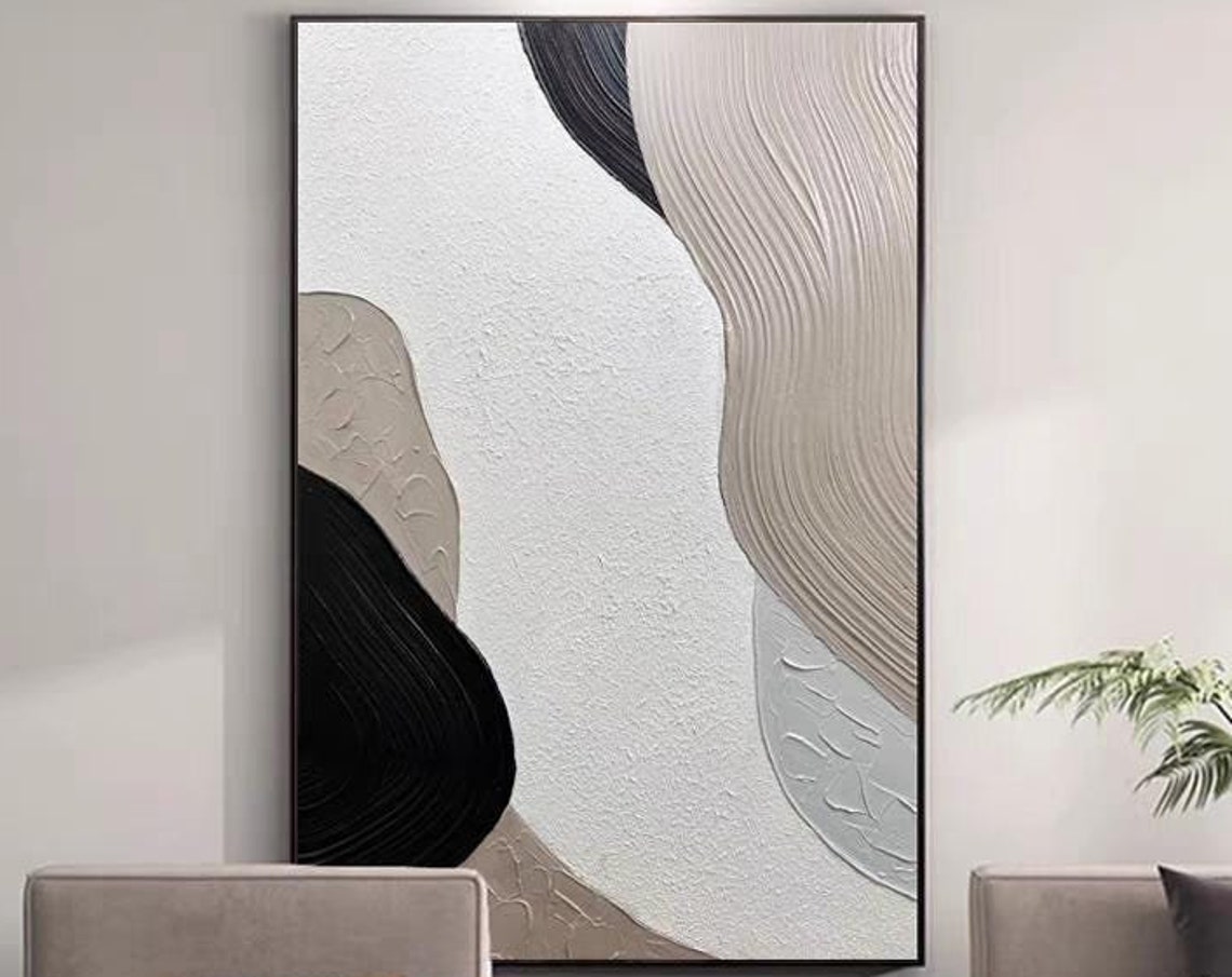 Black White Beige Curved Shapes Textured Abstract Vertical Wall Art
