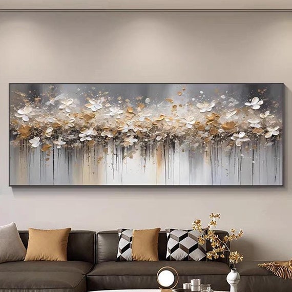 Abstract Floral Art Print, Horizontal White Gold Flowers