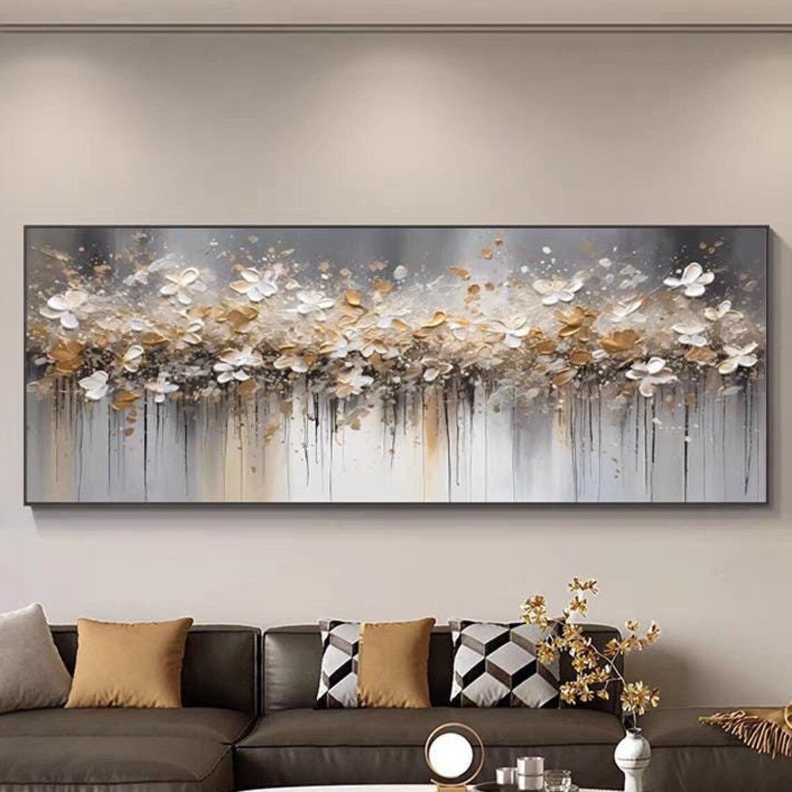 Abstract Floral Art Print, Horizontal White Gold Flowers