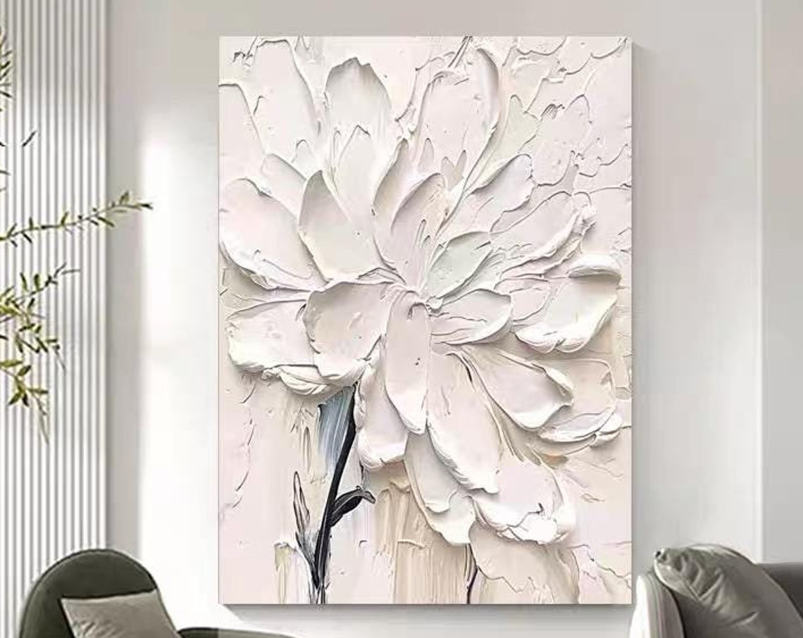 Large White Blooming Flower Textured Floral Wall Art Vertical