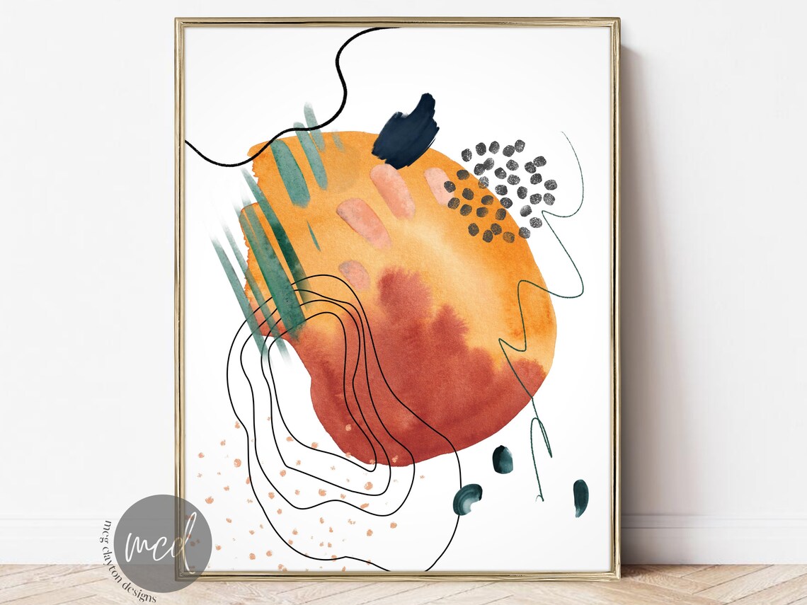 Burnt Orange Green Rust Abstract Watercolor Contour Line Poster