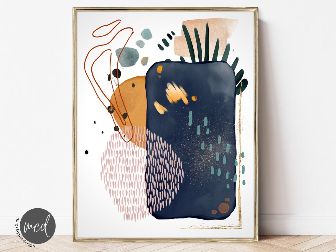 Navy Blue Terracotta Rust Modern Abstract Watercolor Shapes Poster