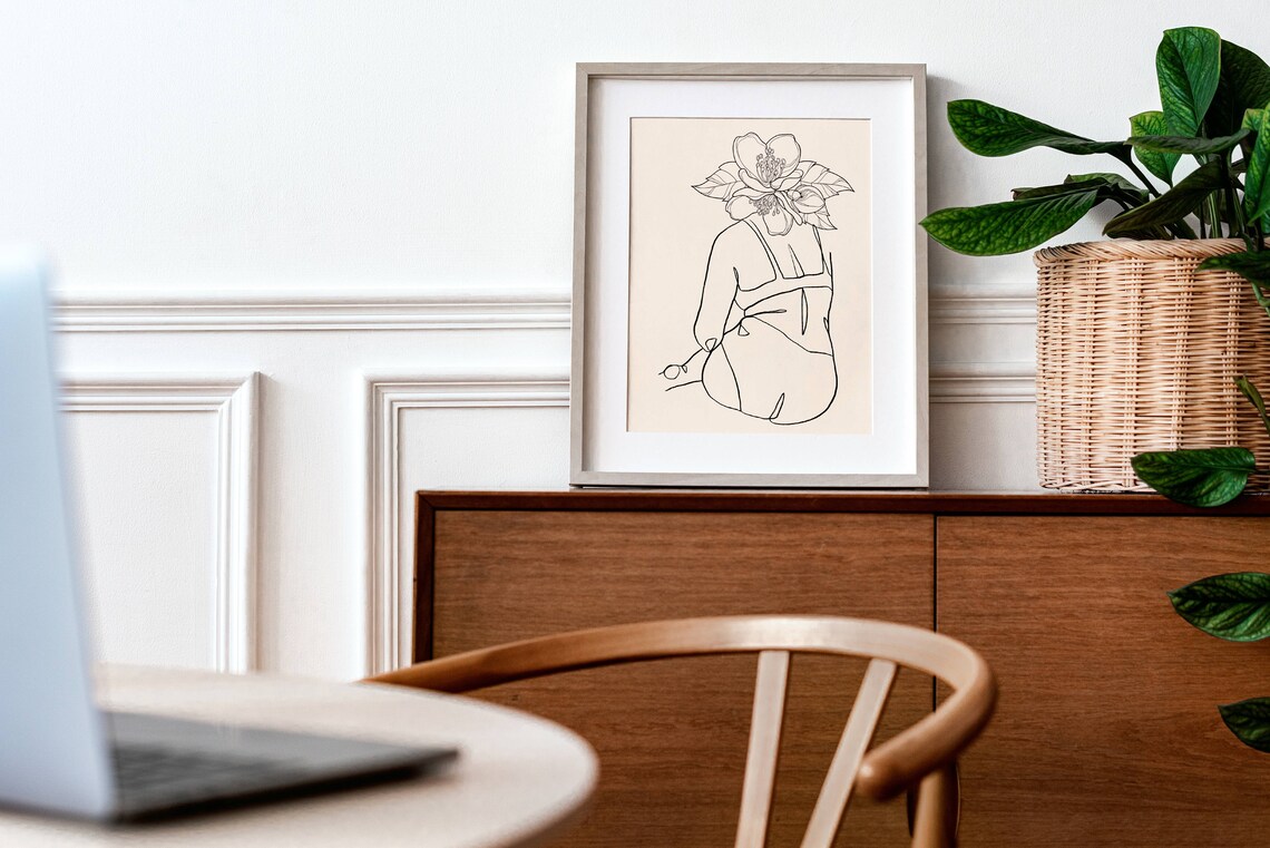 Seated Woman Flower Head Back View Minimalist Line Art Poster - Image 2
