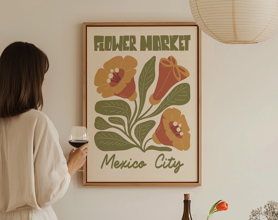 Flower Market Mexico City Retro Botanical Floral Art Style Poster