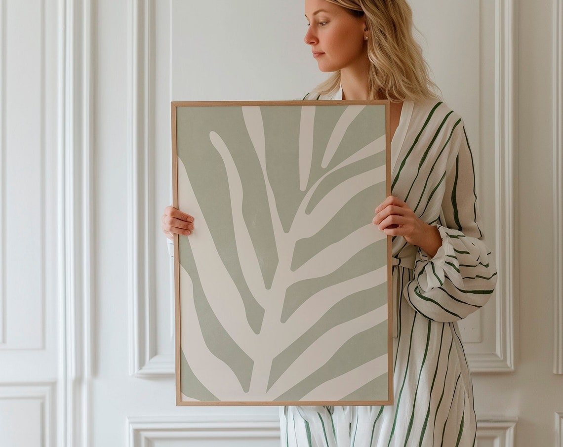 Muted Sage Green Abstract Botanical Leaf Minimalist Wall Poster
