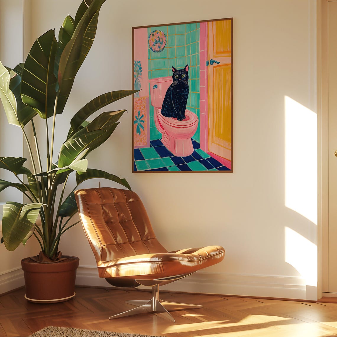 Black Cat on a Pink Toilet in a Colorful Retro Bathroom Poster - Image 3