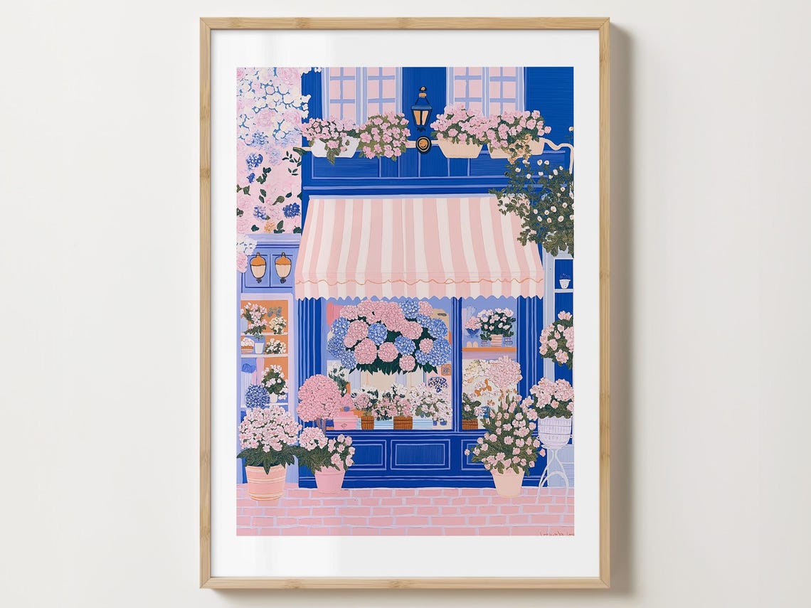 Cobalt Blue Flower Shop With Hydrangeas and Striped Awning Print