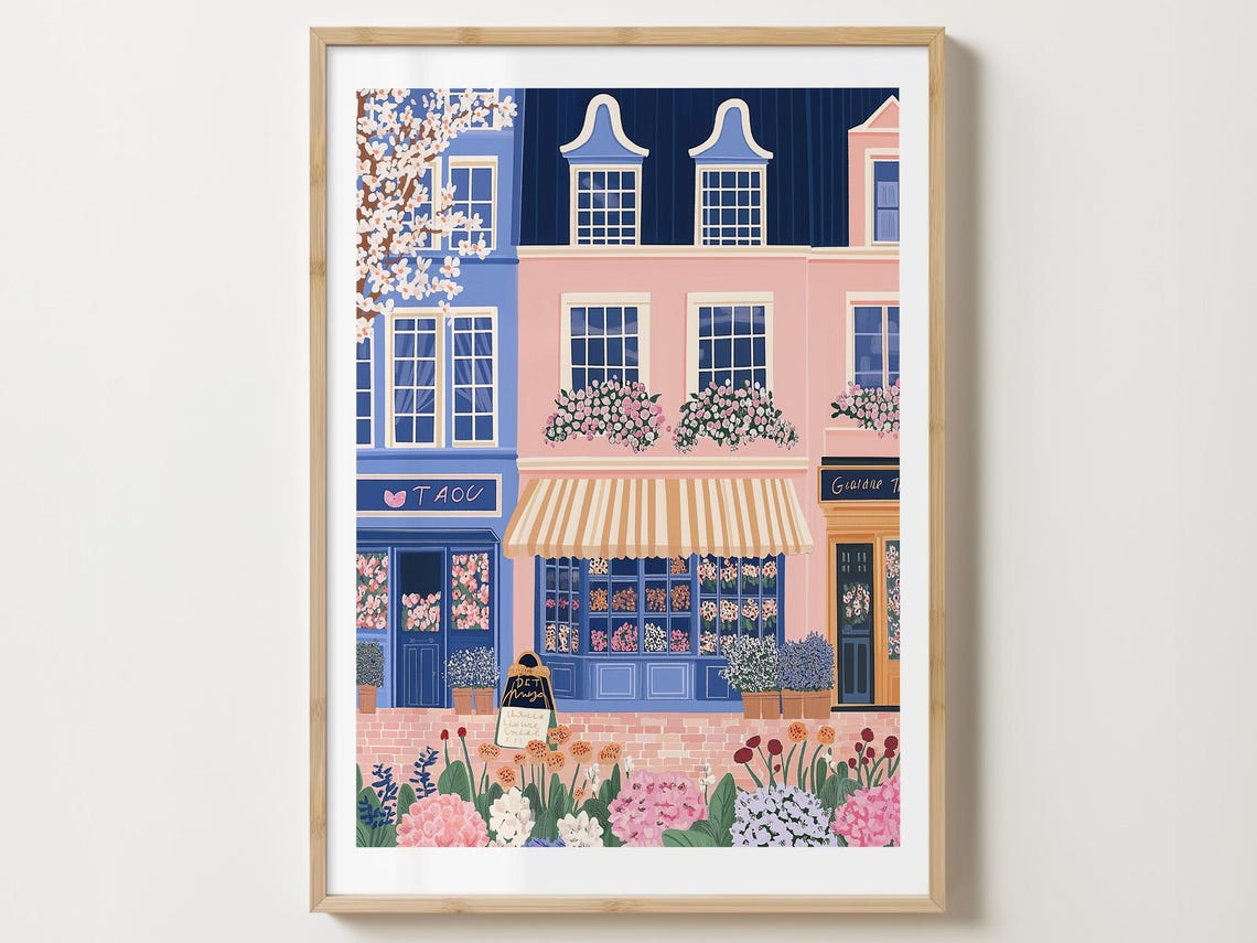Flower Shop Row with an Open Sign and Hydrangea Garden Poster