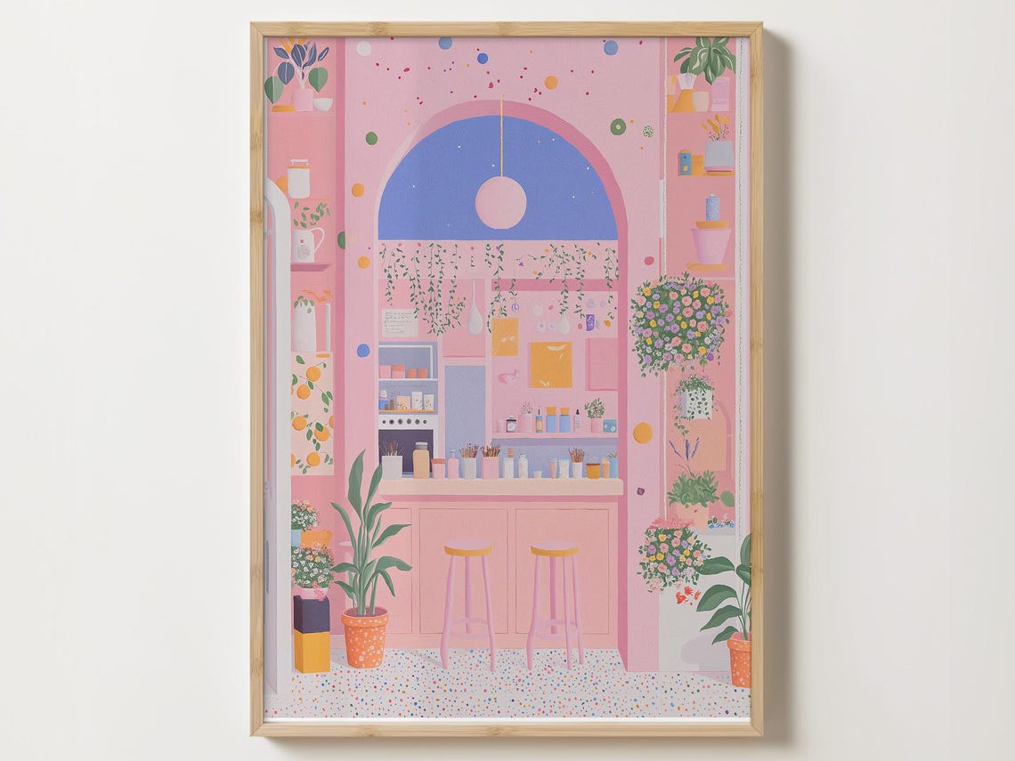 Pink Coffee Shop Interior With Arched Window Illustration Poster