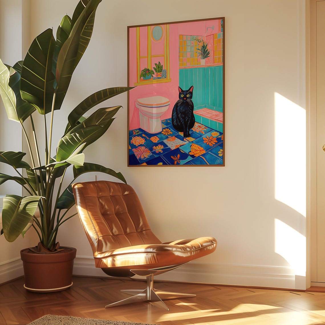 Black Cat Standing Beside a Toilet in Retro Pink Bathroom Poster - Image 5
