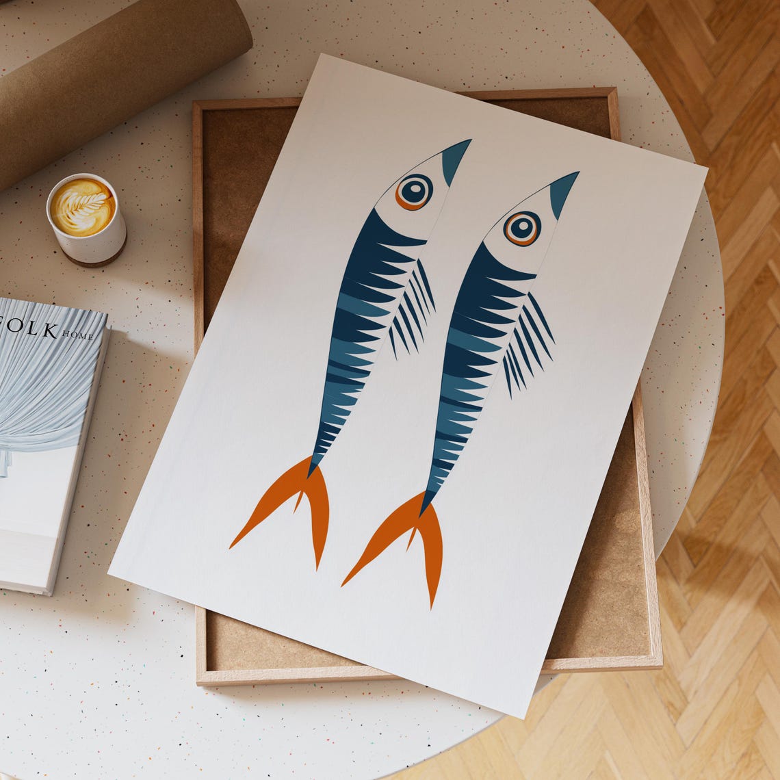 Two Geometric Sardines In Navy And Orange On White Art Poster - Image 3
