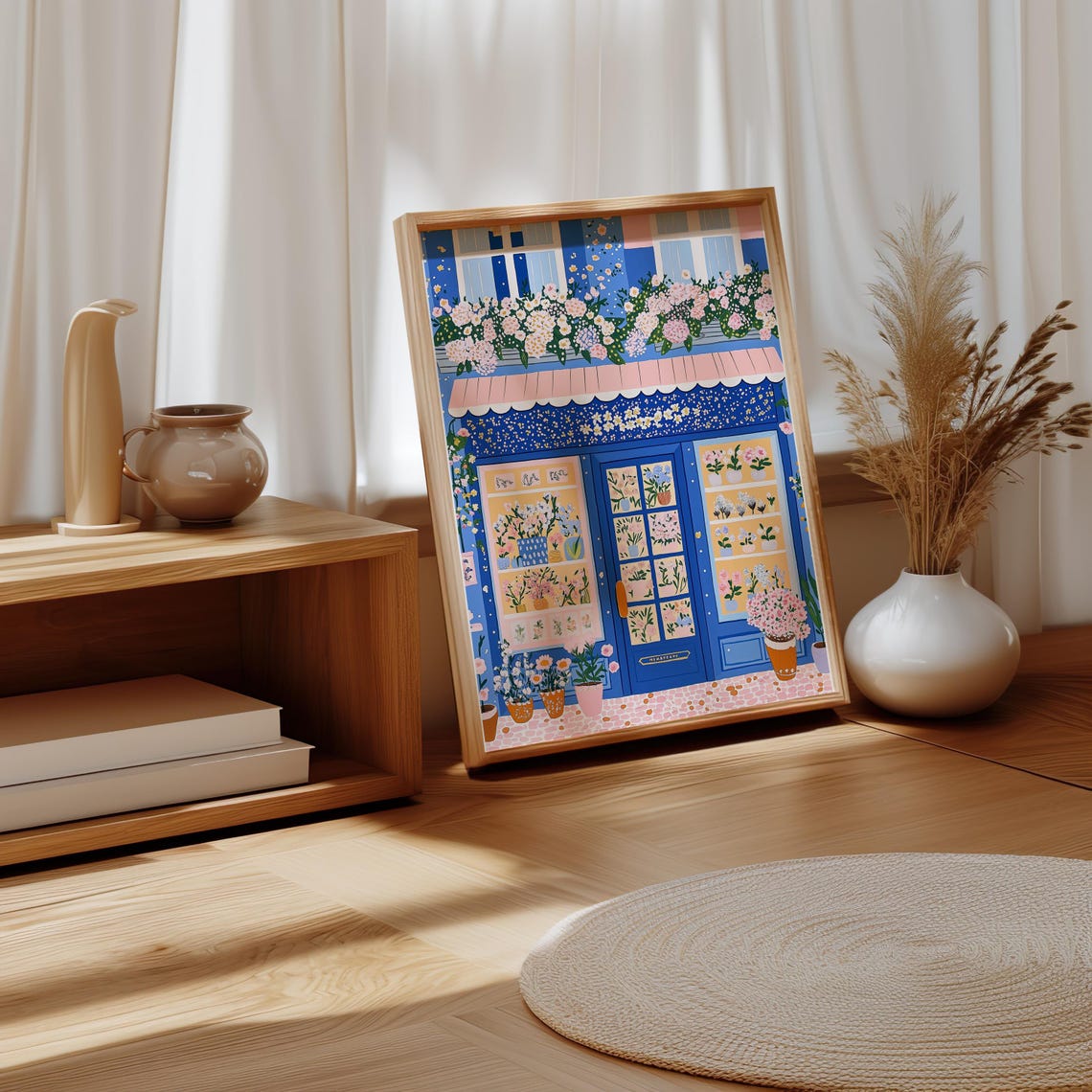 Blue Flower Shop Front with a Charming Pink Awning Floral Art Poster - Image 4
