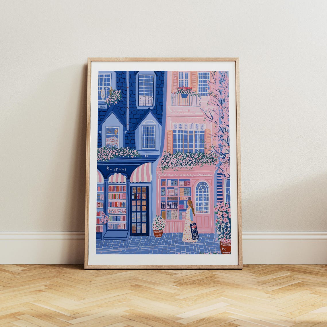 Blue And Pink Bookshop Storefronts With Flowering Blossoms Poster - Image 5