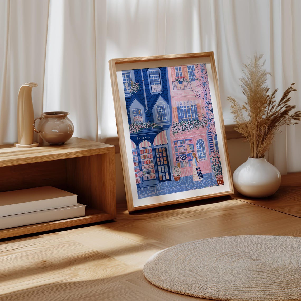 Blue And Pink Bookshop Storefronts With Flowering Blossoms Poster - Image 4