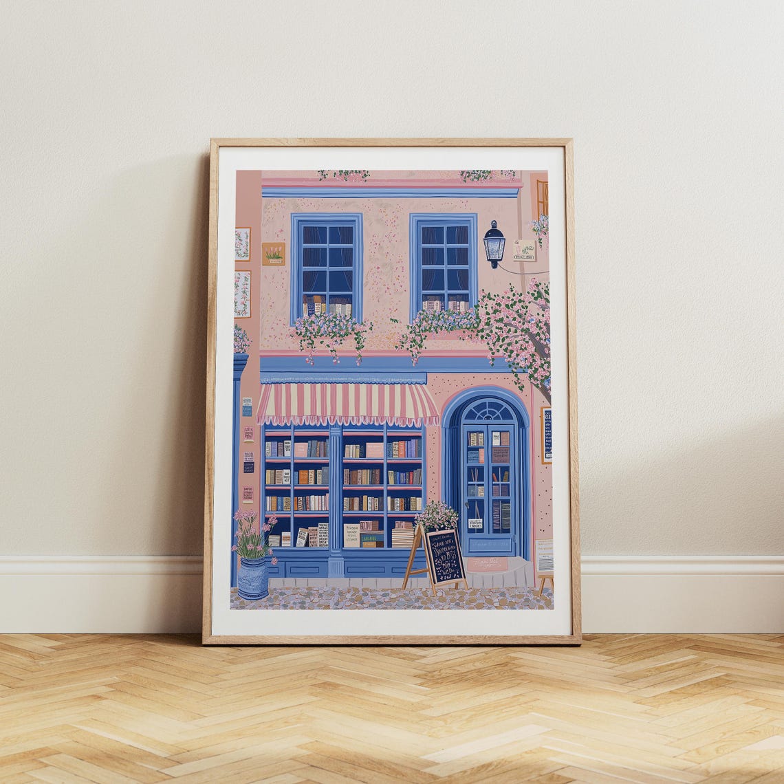 Blue Bookshop Facade With Striped Awning And Blossom Tree Art Poster - Image 4