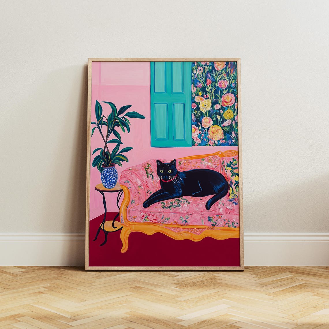 Black Cat Lounging on a Pink Floral Sofa in Pop Art Style Poster - Image 2