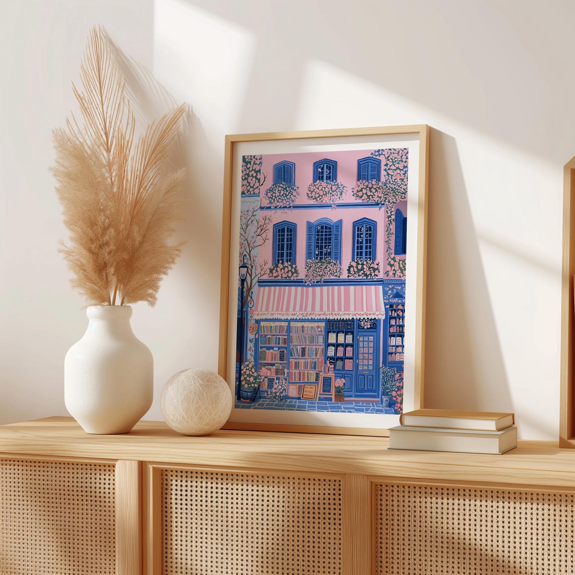 Pink Bookshop With Striped Awning Climbing Roses And Lantern Poster - Image 2