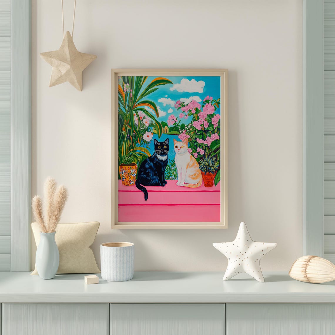 Two Cats Sitting Among Tropical Flowers Overlooking The Sea Poster - Image 4