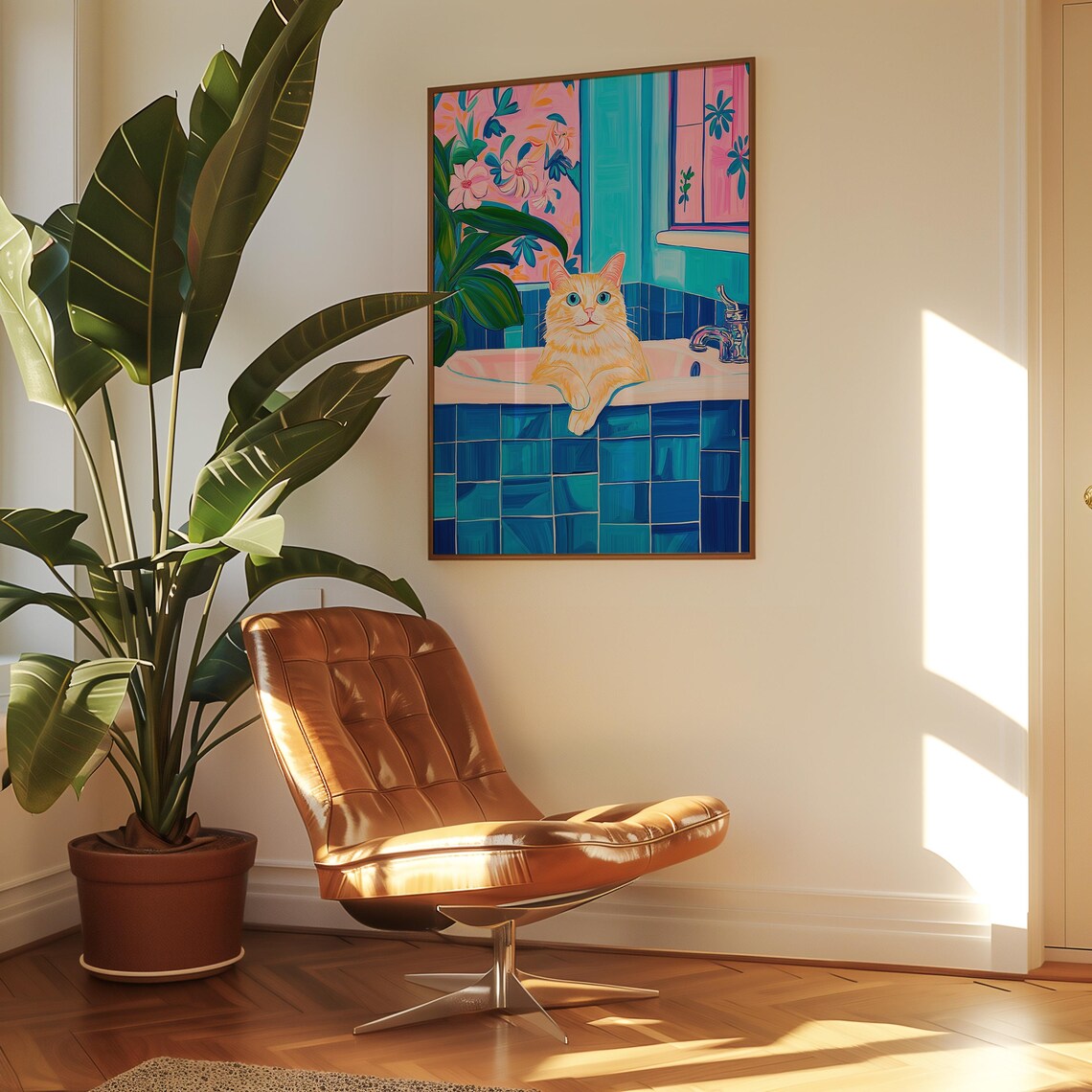 Orange Cat Lounging In A Turquoise Bathroom With Pink Floral Art Poster - Image 6
