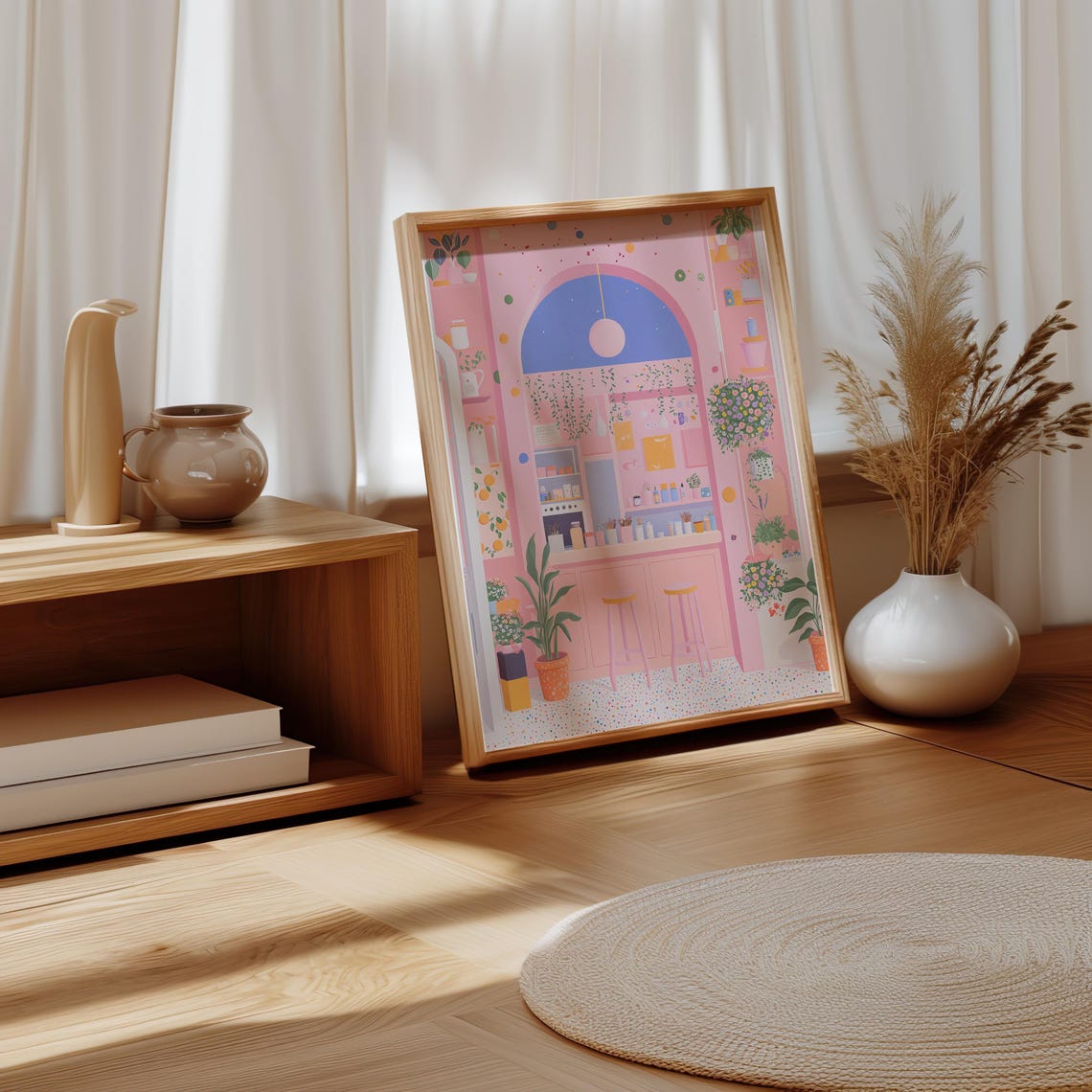 Pink Coffee Shop Interior With Arched Window Illustration Poster - Image 5