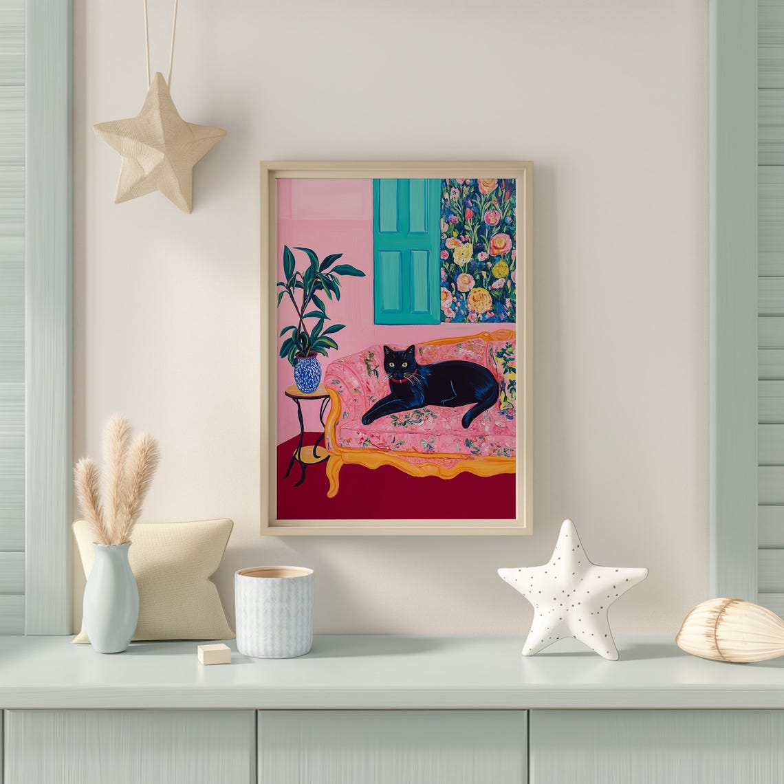 Black Cat Lounging on a Pink Floral Sofa in Pop Art Style Poster - Image 5