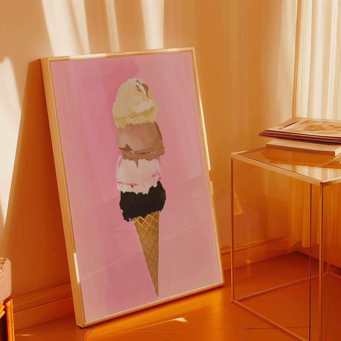 Four Scoop Ice Cream Cone Painting on Pink Background Poster - Image 2