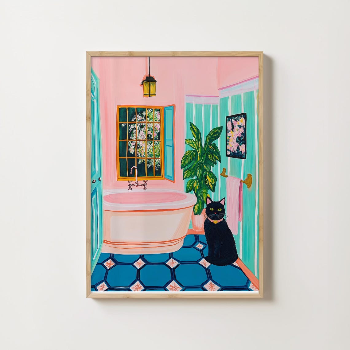 Black Cat In A Pink Bathroom With Bathtub And Green Plants Poster - Image 4