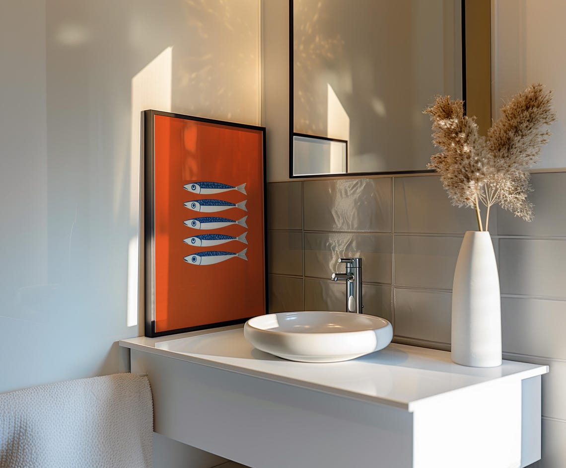 Five Blue And White Sardines In A Row On Orange Background Poster - Image 5