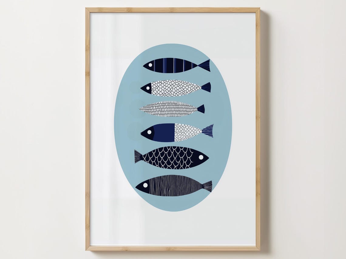 Six Patterned Navy Fish In An Oval On Light Blue Background Poster