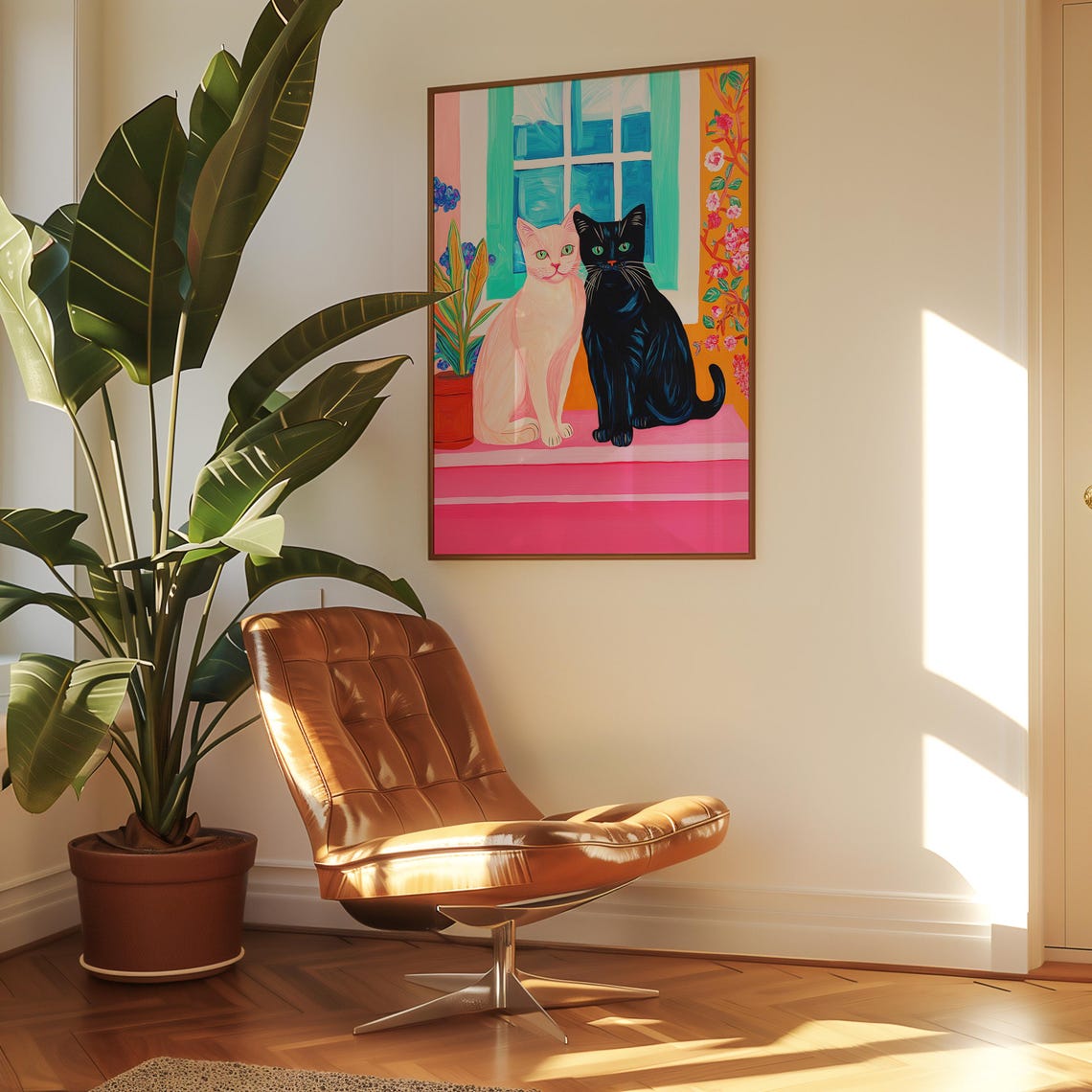 Black and White Cat Pair by a Pink Windowsill Painting Poster - Image 4