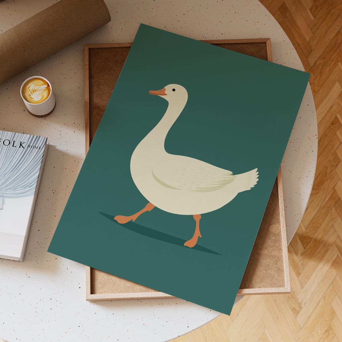 White Goose Walking Gracefully On A Deep Teal Background Poster - Image 3