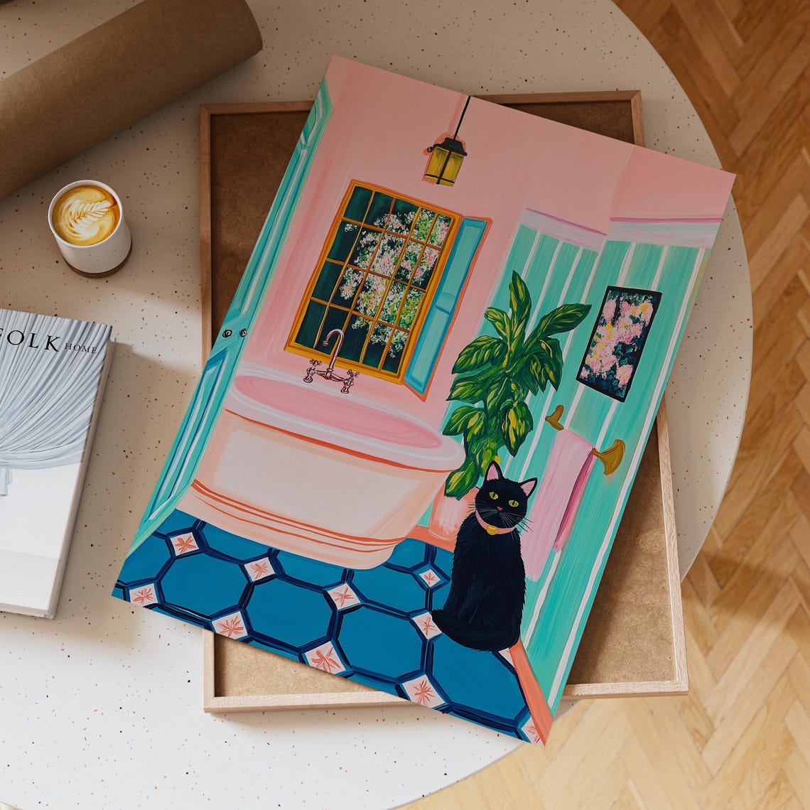 Black Cat In A Pink Bathroom With Bathtub And Green Plants Poster - Image 6