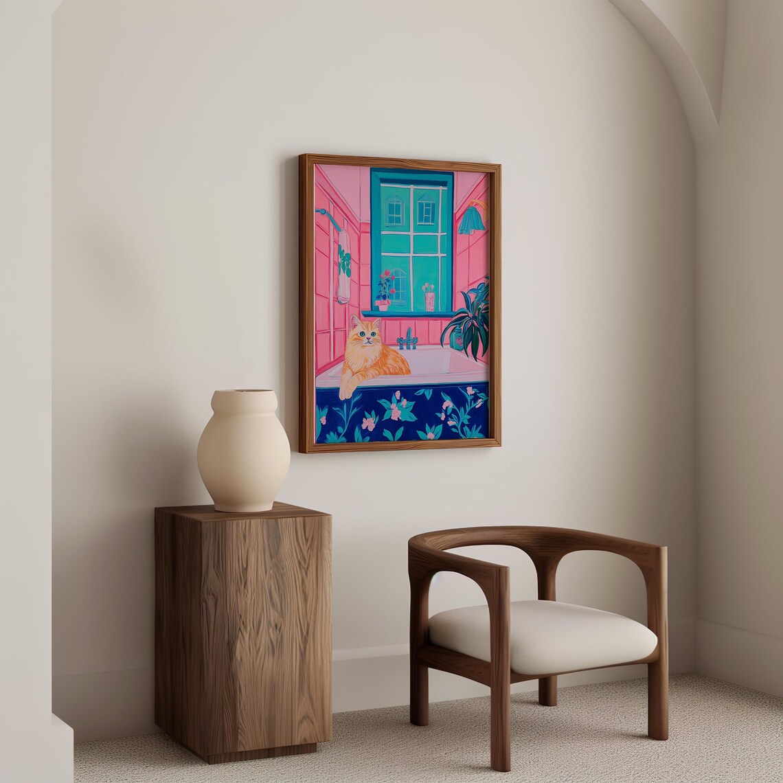 Orange Cat Lounging Across a Floral Bathroom Tub Cat Art Poster - Image 3