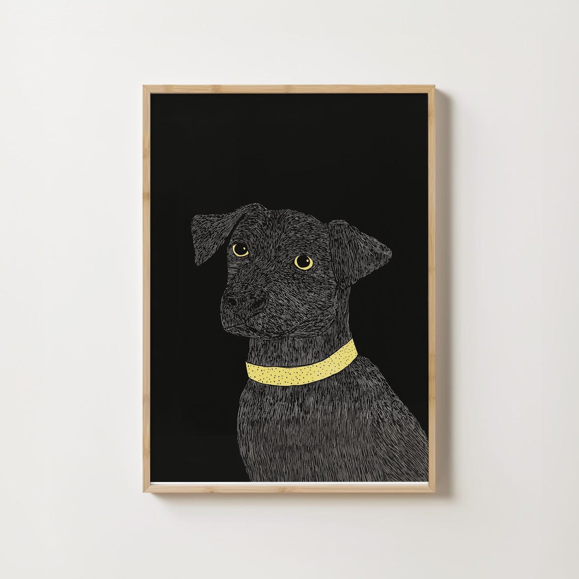 Black Dog Portrait With Golden Eyes And Yellow Collar On Dark Poster - Image 2