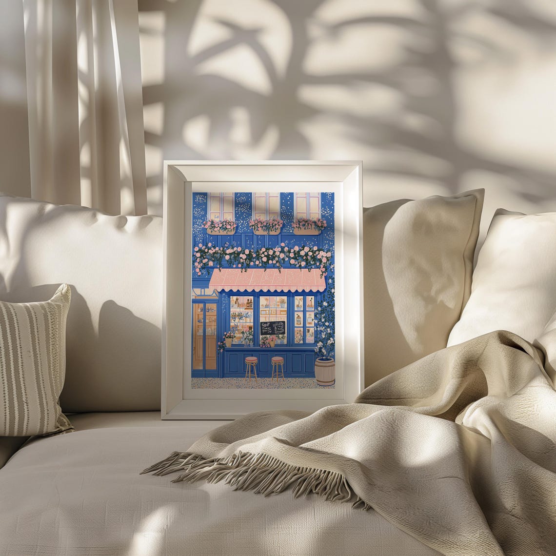 Blue Cafe Storefront With Pink Awning Bar Stools And Roses Poster - Image 3