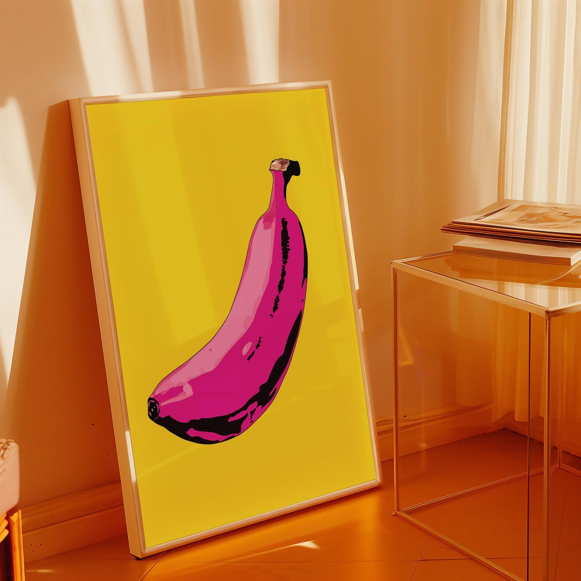 Bold Pop Art Pink Banana on a Bright Yellow Background Wall Art - Image 2