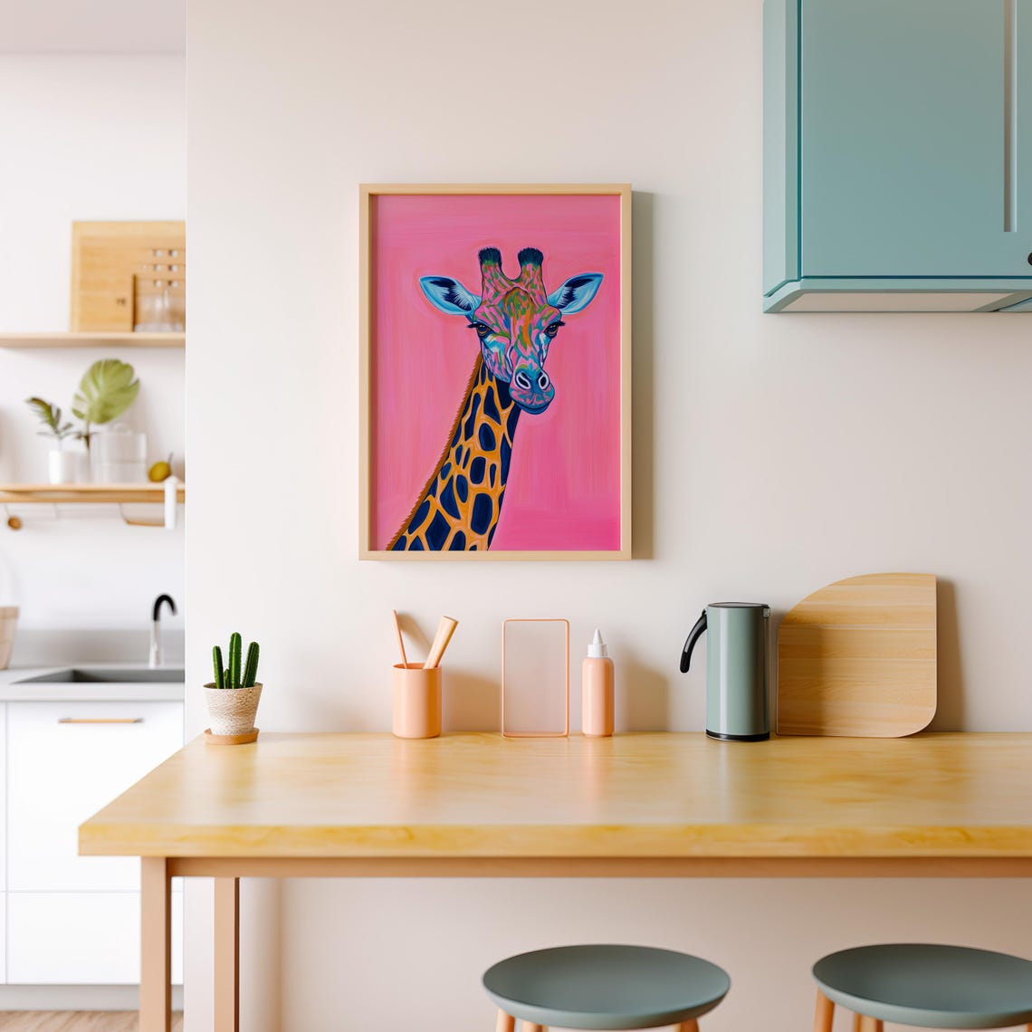Neon Pop Art Giraffe Portrait On A Bright Pink Background Poster - Image 4