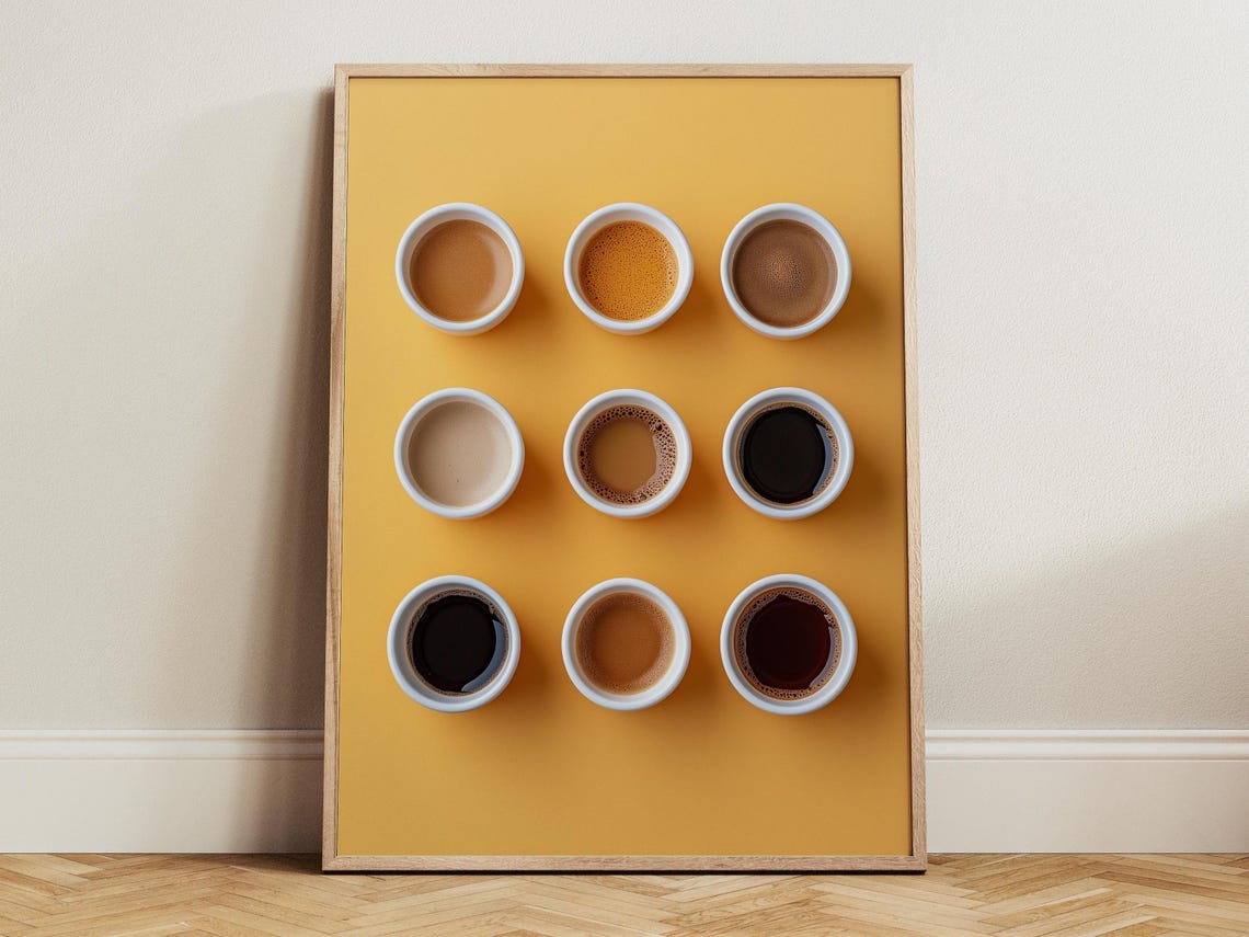 Nine White Coffee Cups In A Grid On Warm Mustard Yellow Poster
