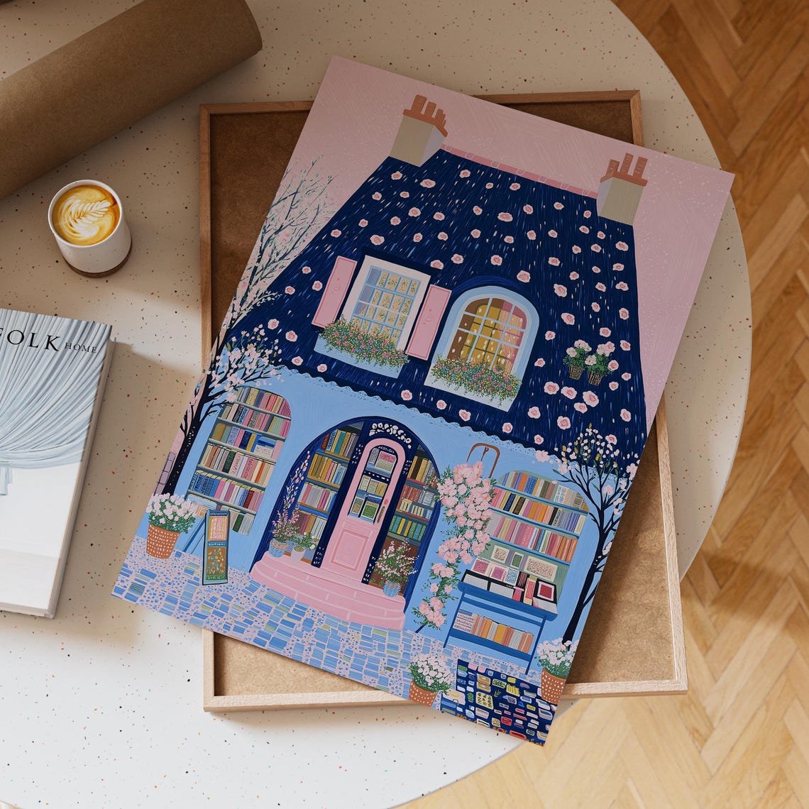 Pink Parisian Bookshop Cottage With Rose Covered Navy Roof Print - Image 6
